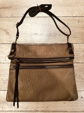 Vera Pelle Tan Embossed Italian Leather Crossbody with Gold Accents